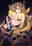  1boy 1girl ;p alear_(fire_emblem) bangs belt blonde_hair can celine_(fire_emblem_engage) crown dark_background fire_emblem fire_emblem_engage gradient gradient_background green_eyes highres holding holding_can licking long_hair looking_at_viewer one_eye_closed out_of_frame pepsi pink_nails septoleaf tongue tongue_out 