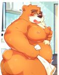  anthro blush butt chest_tuft digital_media_(artwork) eyebrows eyewear fur glasses holding_object kemono kumazawow lifewonders looking_back male mammal nipples one_eye_closed open_mouth open_smile orange_body orange_fur overweight overweight_anthro overweight_male smile solo thick_eyebrows tokyo_afterschool_summoners towel tuft ursid video_games volos 