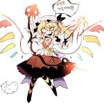  1girl black_ribbon blonde_hair bow chibi chibi_inset crazy_eyes dress fangs flandre_scarlet full_body hat hat_ribbon highres jacket laevatein_(touhou) nyong_nyong open_mouth puff_and_slash_shorts red_dress red_eyes ribbon smile speech_bubble striped striped_thighhighs thighhighs touhou translation_request white_headwear white_jacket yellow_bow 