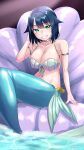  1girl awono_nanaumi bangs blue_hair blush breasts cleavage collarbone commentary_request fins fukami_nana green_eyes hair_flaps highres large_breasts looking_at_viewer mermaid monster_girl original short_hair sitting smile solo teeth water 
