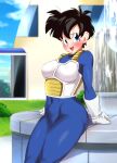  1girl armor black_hair blue_bodysuit blue_eyes blue_sky blush bodysuit breasts building cloud cosplay covered_navel dragon_ball dragon_ball_z fountain gloves grass impossible_bodysuit impossible_clothes looking_at_viewer medium_breasts open_mouth rom_(20) saiyan_armor short_hair sitting sky smile solo vegeta vegeta_(cosplay) videl white_gloves 