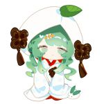  1girl bangs chibi chinese_commentary closed_mouth commentary eyelashes_visible_through_hair full_body green_eyes green_hair hatsune_miku indai_(3330425) japanese_clothes kimono leaf leaf_on_head light_blush long_hair long_sleeves low_twintails no_pupils official_alternate_hair_color shiromuku simple_background smile snow_bunny snowflake_print solo standing swept_bangs twintails uchikake vocaloid wataboushi wavy_hair white_background yuki_miku yuki_miku_(2013) 