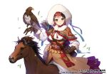  1girl animal_on_hand apple_caramel arrow_(projectile) bangs bird black_hair breasts brown_capelet brown_eyes brown_gloves brown_skirt capelet commentary_request copyright_request fringe_trim fur-trimmed_gloves fur-trimmed_hood fur_trim gloves grass highres hood horse horseback_riding long_sleeves looking_at_viewer medium_breasts official_art parted_bangs parted_lips puffy_long_sleeves puffy_sleeves quiver riding shirt simple_background skirt solo v-shaped_eyebrows watermark white_background white_shirt 