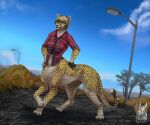  2019 5_fingers 6:5 absurd_res aliena-cordis blonde_hair blue_eyes bottomless bottomless_female bottomless_taur cheetah cheetah_taur clothed clothing cloud countershading digital_media_(artwork) digital_painting_(artwork) digitigrade eyewear felid felid_taur feline feline_taur female fingerless_gloves fingers fur glasses gloves hair hand_on_hip handwear hi_res mammal mammal_taur outside pattern_clothing pattern_shirt pattern_topwear plaid plaid_clothing plaid_shirt plaid_topwear plant quadruped shirt solo spots spotted_body spotted_fur taur topwear tree yellow_body yellow_fur 