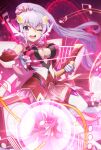  1girl ;d bangs boots breasts cleavage covered_nipples detached_sleeves floating_hair gloves grey_hair hair_between_eyes harp holding holding_instrument instrument large_breasts long_hair long_sleeves looking_at_viewer miniskirt musical_note one_eye_closed pink_skirt pleated_skirt ponytail red_sleeves senki_zesshou_symphogear shiny shiny_hair skirt smile solo thigh_boots uganda_(ugandam_00) very_long_hair white_footwear white_gloves yukine_chris zettai_ryouiki 