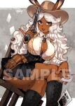  1girl animal_ears artist_name bangs black_footwear black_skirt blush boots breasts brown_eyes card cleavage collar commentary cowboy_hat crossed_legs curly_hair dark_skin english_commentary fingernails fishine grey_background gun hat highres holding holding_gun holding_weapon holster knee_boots large_breasts legs lips long_hair looking_at_viewer original parted_bangs parted_lips playing_card rabbit_ears revolver sample_watermark shirt signature simple_background sitting skirt smile solo weapon white_hair 