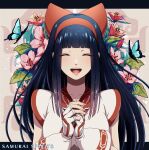  1girl absurdres ainu ainu_clothes bandana bangs bow closed_eyes collarbone hands_up headband highres interlocked_fingers japanese_clothes long_hair looking_at_viewer nakoruru official_art open_mouth own_hands_clasped own_hands_together palms_together red_bow samurai_spirits sleeveless smile snk solo wrist_guards yumi_saji 