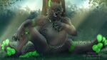  2022 anthro artist_name belly big_belly black_claws canid cheek_tuft claws dated duo elbow_tuft facial_tuft fangs featureless_crotch finger_claws front_view fur grass green_body green_eyes green_fur green_pawpads grey_body grey_fur grey_hair grin hair hand_on_stomach hi_res leaf male mammal nude on_ground outside paw_imprint pawpads plant santanahoffman shoulder_tuft sitting smile solo_focus sound_effects spread_legs spreading tree tuft vore 