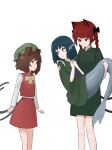  3girls absurdres animal_ears bangs blunt_bangs bow braid brown_eyes brown_hair carrying carrying_person cat_ears cat_tail chen eyebrows_hidden_by_hair highres kaenbyou_rin mori_dobonua_(mordvna) multiple_girls multiple_tails nekomata red_hair short_hair smile tail touhou two_tails wakasagihime 
