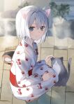  :3 animal_ears animal_print aroa_(aroamoyasi) bangs blue_eyes cat cat_ears cat_print grey_cat highres japanese_clothes kimono light light_blush looking_at_viewer original outdoors paw_print petting print_kimono sandals short_hair smile squatting stone white_hair 