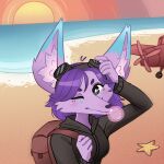  aircraft airplane anacarloinafan anthro backpack beach bubble_gum canid canine clothed clothing female fennec fox fur hair hi_res mammal one_eye_closed paige_saba pink_body pink_fur purple_hair seaside solo sunset wink 