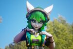  16:9 2022 3d_(artwork) 4k 5_fingers absurd_res anthro between_breasts blender_(software) breasts canid canine clothing cloud digital_media_(artwork) female fingers fox green_clothing green_topwear headphones hi_res jacket larger_female looking_down mammal paladins planet plant red_f rileyfoxxo salt_(paladins) size_difference size_play sky solo topwear tree widescreen 