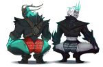  2021 absurd_res big_butt broly_culo butt butt_focus clothing crouching duo ghost green_body green_butt green_eyes green_sclera grey_body grey_butt grey_clothing grin hi_res humanoid kishindiaan kohnnor league_of_legends looking_back male meme parody rear_view red_clothing riot_games simple_background smile spirit spread_legs spreading teeth text thresh video_games viego_(lol) white_background 