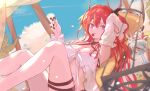  absurdres arknights arm_up breasts highres horns large_breasts lolifreak long_hair looking_at_viewer purple_eyes red_hair self_upload solo surtr_(arknights) surtr_(colorful_wonderland)_(arknights) swimsuit thighs 