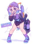  1girl bandaid bandaid_on_leg beanie blue_eyes character_request colored_tongue ear_piercing full_body hat highres looking_at_viewer momoiiroo open_mouth piercing purple_hair purple_headwear purple_socks purple_tongue sandals short_hair simple_background smile socks solo splatoon_(series) splatoon_3 teeth tentacle_hair tongue white_background zipper zipper_pull_tab 