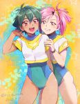  2girls :d battle_athletes blue_one-piece_swimsuit clenched_teeth commentary_request covered_navel dated green_hair grey_eyes hair_between_eyes haruyama_kazunori highres looking_at_viewer multiple_girls open_mouth pink_hair red_eyes shirt short_sleeves side_ponytail smile standing swimsuit swimsuit_under_clothes teeth thighs twitter_username white_shirt 