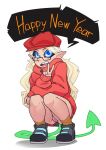  beret blonde_hair bottomless english_text happy_new_year hat highres jacket long_hair long_sleeves looking_at_viewer original partially_visible_vulva pointy_ears pussy speech_bubble squatting tail the_pink_pirate uncensored v 