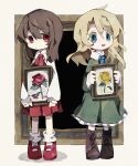  2girls :d ahoge ascot bangs blonde_hair blue_ascot blue_eyes brown_footwear brown_hair closed_mouth cross-laced_footwear dress empty_picture_frame flower full_body green_dress hair_between_eyes highres holding_picture ib ib_(ib) long_hair long_sleeves looking_at_viewer mary_(ib) mary_janes multiple_girls open_mouth picture_(object) picture_frame pleated_skirt red_ascot red_eyes red_flower red_footwear red_rose red_skirt rose shirt shoes skirt smile socks soresaki white_shirt white_socks yellow_flower yellow_rose 