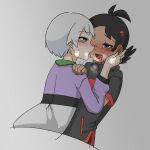  2boys antenna_hair artist_request black_hair blue_eyes blush dark_skin goh_(pokemon) highres horace_(pokemon) kiss male_focus multiple_boys non-web_source pokemon pokemon_(anime) pokemon_journeys short_hair source_request white_hair yaoi 