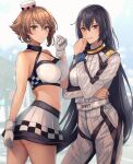  2girls bandeau black_hair blurry blurry_background bodysuit breasts brown_hair cleavage collarbone day flipped_hair green_eyes hair_between_eyes hat highres jacket kantai_collection kasumi_(skchkko) large_breasts long_hair long_sleeves looking_at_viewer miniskirt multiple_girls mutsu_(kancolle) nagato_(kancolle) navel pants pilot_suit race_queen red_eyes short_hair skirt smile white_skirt 