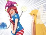  2girls american_flag american_flag_legwear bangs bare_arms blonde_hair blush clownpiece clownpiece_(cosplay) commentary_request constricted_pupils cosplay earth_(ornament) embarrassed emphasis_lines fairy fairy_wings hat hecatia_lapislazuli jester_cap leggings long_hair looking_at_another moon_(ornament) multiple_girls neck_ruff nose_blush nude polka_dot polka_dot_headwear print_legwear red_eyes red_hair shirosato shirt shirt_tug short_sleeves star_(symbol) star_print sweat t-shirt touhou very_long_hair wide-eyed wings 