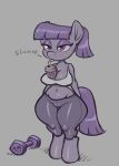  anthro anthrofied big_breasts blush breasts camel_toe container cup drinking earth_pony equid equine eyeshadow friendship_is_magic grey_background grey_body hair half-closed_eyes hasbro hi_res horse makeup mammal maud_pie_(mlp) my_little_pony narrowed_eyes navel nipple_outline noupie pony ponytail purple_eyeshadow purple_hair purple_tail simple_background solo standing straw thick_thighs wide_hips 