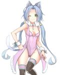 1girl absurdres animal_ears blue_hair breasts cat_ears cat_tail closed_mouth green_eyes highres kakko_madoka long_hair looking_at_viewer low_twintails meracle_chamlotte one_eye_closed simple_background smile solo star_ocean star_ocean_anamnesis star_ocean_the_last_hope tail thighhighs twintails white_background 