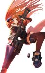  1girl arknights bagpipe_(arknights) between_fingers brown_gloves bullet clenched_teeth gloves gunlance haku_(grimjin) highres holding holding_weapon horns long_hair orange_hair plaid plaid_skirt skirt teeth thighhighs weapon white_background 