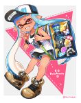  1girl backpack bag baseball_cap black_headwear black_shorts blue_hair bracelet brown_footwear commentary_request cross-laced_footwear dolphin_shorts full_body grin hat highres inkling inkling_(language) jewelry l-3_nozzlenose_(splatoon) leaning_forward long_hair looking_at_viewer pointy_ears print_shirt red_eyes shina_shina shirt shoes shorts smile sneakers solo splatoon_(series) splatoon_2 standing tan tank_top tentacle_hair very_long_hair white_shirt white_tank_top 