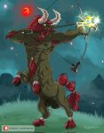  abs armpit_hair balls beard body_hair bow_(weapon) braided_beard breath_of_the_wild facial_hair genitals grass hair hi_res hooves horn long_beard lykostherium lynel male mane moon nintendo nipples pecs penis plant ranged_weapon red_beard red_hair red_moon solo taur the_legend_of_zelda video_games weapon 