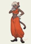  1girl alicia_priss animal_ears armlet bangs cat_ears cat_girl cat_tail commentary_request cropped_vest dark-skinned_female dark_skin dyed_bangs furry furry_female gloves harem_pants highres little_tail_bronx midriff multicolored_hair navel nishiki_areku no_eyepatch pants short_hair signature simple_background sleeveless slippers solo tail tail_concerto two-tone_hair vest 