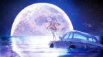 1girl :d ahoge bare_shoulders blue_hair car closed_eyes commentary commission dress facing_viewer frilled_sleeves frills full_moon ground_vehicle hair_between_eyes highres long_hair long_sleeves moon motor_vehicle night night_sky off-shoulder_dress off_shoulder open_hands open_mouth original outstretched_arms reflection signature skeb_commission sky smile solo star_(sky) starry_sky teeth upper_teeth very_long_hair water white_dress wide_shot yoshioka_yoshiko 