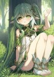  1girl arm_up bangs bare_legs bare_shoulders blush bracer braid commentary_request cross-shaped_pupils crystalfly_(genshin_impact) darnell dress feet forest genshin_impact gradient_hair grass green_eyes green_hair hair_between_eyes hair_ornament highres knees_up korean_commentary leaf_hair_ornament long_hair looking_at_viewer multicolored_hair nahida_(genshin_impact) nature outdoors parted_lips pointy_ears side_ponytail sidelocks sitting socks solo stirrup_legwear toeless_legwear toes tree two-tone_hair white_dress white_hair white_socks 