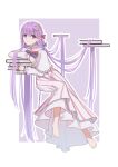  1girl :/ absurdres bangs barefoot blue_ribbon book book_stack capelet closed_mouth commentary_request crescent crescent_hair_ornament dress full_body hair_ornament hair_ribbon highres leaning_on_object long_hair long_sleeves looking_at_viewer murasaki_satori no_headwear patchouli_knowledge purple_eyes purple_hair red_ribbon ribbon solo striped striped_dress touhou vertical-striped_dress vertical_stripes very_long_hair white_capelet white_dress 