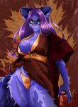  absurd_res anthro asian_clothing big_breasts breasts clothed clothing curvaceous curvy_figure east_asian_clothing female halloween hi_res holidays japanese_clothing kimono looking_at_viewer mammal procyonid raccoon ritios simple_background smile solo voluptuous 