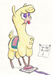  2018 alpaca button_(disambiguation) camelid colored_pencil_(artwork) female feral hi_res lost_marbles mammal paprika_paca_(tfh) purple_eyes push simple_background solo them&#039;s_fightin&#039;_herds tongue tongue_out traditional_media_(artwork) video_games white_background yellow_body 