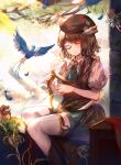  1girl absurdres beret bird blue_bird brown_hair closed_eyes commentary_request fairy feathers harp hat hat_feather highres instrument kita_(kitairoha) monocle music original playing_instrument sitting smile solo thighhighs white_thighhighs 