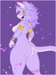  anthro armlet belladonna_(trials_of_mana) bracelet breasts butt ear_piercing ear_ring felid feline female fur fur_pattern gold_(metal) gold_jewelry hi_res jewelry mammal nadacheruulewd orange_eyes particles piercing pupils purple_background purple_body purple_fur ring_piercing simple_background slit_pupils solo sparkles thick_thighs trials_of_mana white_body white_fur white_pupils 