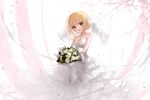  1girl :d bangs bare_shoulders blonde_hair bouquet breasts dress flower green_eyes guo582 looking_at_viewer medium_breasts original rose smile solo strapless strapless_dress veil wedding_dress white_dress white_flower white_rose 