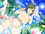  1girl arch ass bare_shoulders beach bikini blue_sky blush bouquet bow breasts cleavage cloud commentary_request day dress eyepatch floral_arch flower flower_swing frills hair_ornament head_wreath highres horizon large_breasts light_rays long_hair looking_at_viewer mai_(senran_kagura) navel ocean official_art open_mouth outdoors palm_tree petals pink_flower pink_rose purple_flower purple_rose red_eyes rose sand senran_kagura senran_kagura_new_link shore sky smile solo sunbeam sunlight swimsuit swing thighhighs tree twintails underboob water wedding_dress white_bikini white_flower white_hair white_rose yaegashi_nan 