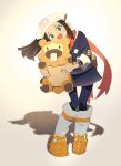  1girl :d akari_(pokemon) bidoof black_hair blue_eyes blue_pantyhose blue_skirt bright_pupils full_body grey_socks head_scarf highres holding holding_pokemon inari1369 japanese_clothes knees_together_feet_apart long_hair looking_at_viewer loose_socks miniskirt obi pantyhose pokemon pokemon_(creature) pokemon_(game) pokemon_legends:_arceus ponytail red_scarf sash scarf shadow skirt sleeves_past_elbows smile socks standing white_headwear white_pupils yellow_footwear 