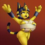  2020 4_fingers animal_crossing ankha_(animal_crossing) anthro areola arms_out bangs big_breasts blue_areola blue_hair breast_squish breasts brown_eyes chest_wraps covered_nipples digital_media_(artwork) domestic_cat egyptian egyptian_headdress felid feline felis female fingers hair hi_res looking_up mammal markings mostly_nude nannercoco nintendo open_mouth raised_arms simple_background solo squish striped_markings striped_tail stripes tail_markings two_tone_tail video_games watermark wraps yellow_body yellow_inner_ear 
