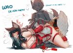  1girl 1other :3 ahri_(league_of_legends) ambiguous_gender anger_vein animal_ear_fluff animal_ears arms_behind_back bangs bdsm bit_gag black_hair bondage bound breasts detached_sleeves ehrrr english_commentary facial_mark flying_sweatdrops fox_ears fox_girl fox_tail gag gagged hair_between_eyes high_heels highres large_breasts league_of_legends long_hair o_o restrained rope sketch tail whisker_markings yellow_eyes 