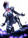  1boy armor asumakobayashi black_bodysuit black_hair blue_eyes bodysuit bone_armor dangerous_zombie_level_x fire glowing glowing_eye heterochromia kamen_rider kamen_rider_ex-aid_(series) kamen_rider_genm landing looking_at_viewer open_hands red_eyes shoulder_armor shoulder_spikes spiked_hair spikes villain_pose white_armor white_background white_hair zombie 