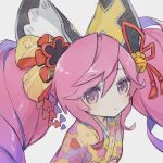 1girl bangs bell big_hair cleo_(dragalia_lost) closed_mouth dragalia_lost floral_print hair_bell hair_ornament japanese_clothes kimono looking_at_viewer official_alternate_costume pink_eyes pink_hair potaytotayto solo twintails upper_body white_background 