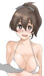  1girl bangs bikini black_ribbon breast_grab breasts bright_pupils brown_eyes brown_hair cleavage commentary elf_(stroll_in_the_woods) girls_und_panzer grabbing hair_ribbon halterneck highres koyama_yuzu large_breasts looking_at_viewer medium_hair open_mouth out_of_frame pov ribbon simple_background smile swimsuit textless_version upper_body white_background white_bikini white_pupils 