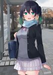  1girl :d absurdres arm_at_side bag bangs black_hair black_jacket black_thighhighs blue_scarf blurry blurry_background blush breasts bus_stop colored_tips commentary_request cowboy_shot cream_(nipakupa) gradient_hair green_eyes green_hair grey_sweater hair_between_eyes highres jacket long_sleeves looking_at_viewer love_live! love_live!_nijigasaki_high_school_idol_club medium_breasts multicolored_hair neck_ribbon nijigasaki_academy_school_uniform open_mouth outdoors pleated_skirt ribbon scarf school_bag school_uniform shirt short_twintails shoulder_bag sidelocks skirt smile solo sweater takasaki_yuu teeth thighhighs twintails two-tone_hair upper_teeth white_shirt white_skirt zettai_ryouiki 