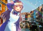  1girl :d apron arm_up bangs blue_bow blue_sky blurry blurry_background bow brown_hair building canal commentary_request commission day depth_of_field dress frilled_apron frills hair_between_eyes hair_bow hinata_nodoka indie_virtual_youtuber kou_hiyoyo long_hair long_sleeves looking_at_viewer outdoors ponytail puffy_long_sleeves puffy_sleeves purple_dress rainbow red_bow red_eyes skeb_commission sky smile solo very_long_hair virtual_youtuber white_apron 