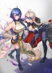  2girls absurdres ahoge aura bangs black_footwear blue_eyes blue_footwear blue_hair boots braid breasts commission commissioner_upload crystal_earrings dark_aura earrings eye_mask fire_emblem fire_emblem_awakening fire_emblem_fates fire_emblem_heroes grey_hair hand_on_hip harness high_heel_boots high_heels highres jewelry leaning_on_person leather_belt long_hair low_twin_braids medium_breasts morgan_(fire_emblem) morgan_(fire_emblem)_(female) multiple_girls nina_(fire_emblem) non-web_source official_alternate_costume open_mouth parted_bangs red_eyes shiro_font thigh_boots twin_braids v 