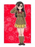  1girl asymmetrical_bangs bangs black_eyes black_hair boots border brown_footwear brown_jacket chi-hatan_military_uniform closed_mouth commentary floral_background full_body girls_und_panzer jacket knee_boots long_hair long_sleeves looking_at_viewer military military_uniform miniskirt nishi_kinuyo outline outside_border pleated_skirt red_background skirt smile solo standing straight_hair takahashi_kurage textless_version uniform white_border white_outline yellow_skirt 
